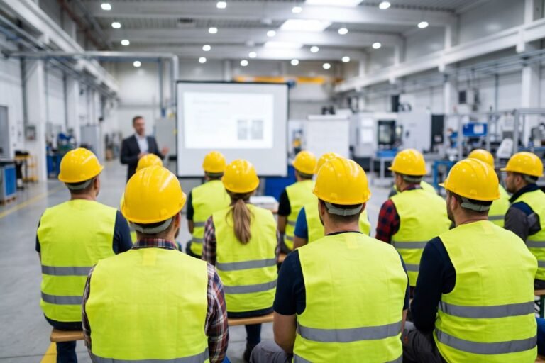 Safety officer conducting a Toolbox Talk with workers before starting work